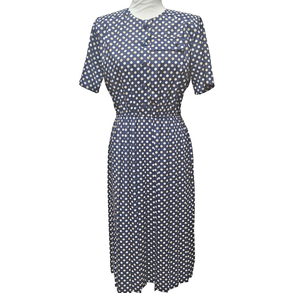 Vintage Signature Collection By Vicki Wayne Dress 6P Polka Dot Blue Pleated